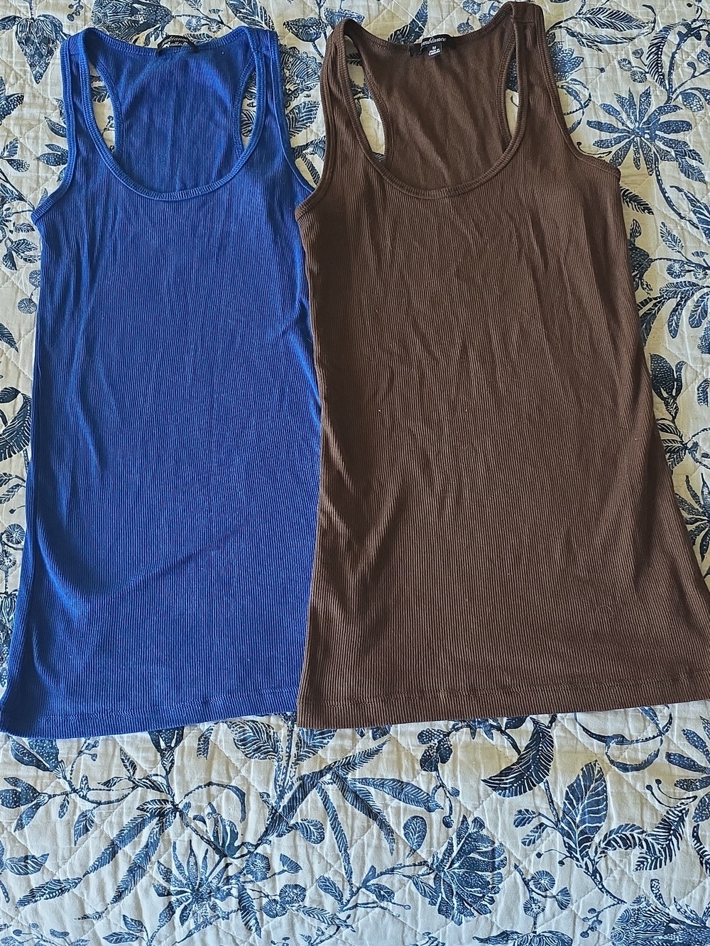 Ambiance Blue and Brown Ribbed Tank Tops - Scoop Neck Racerback